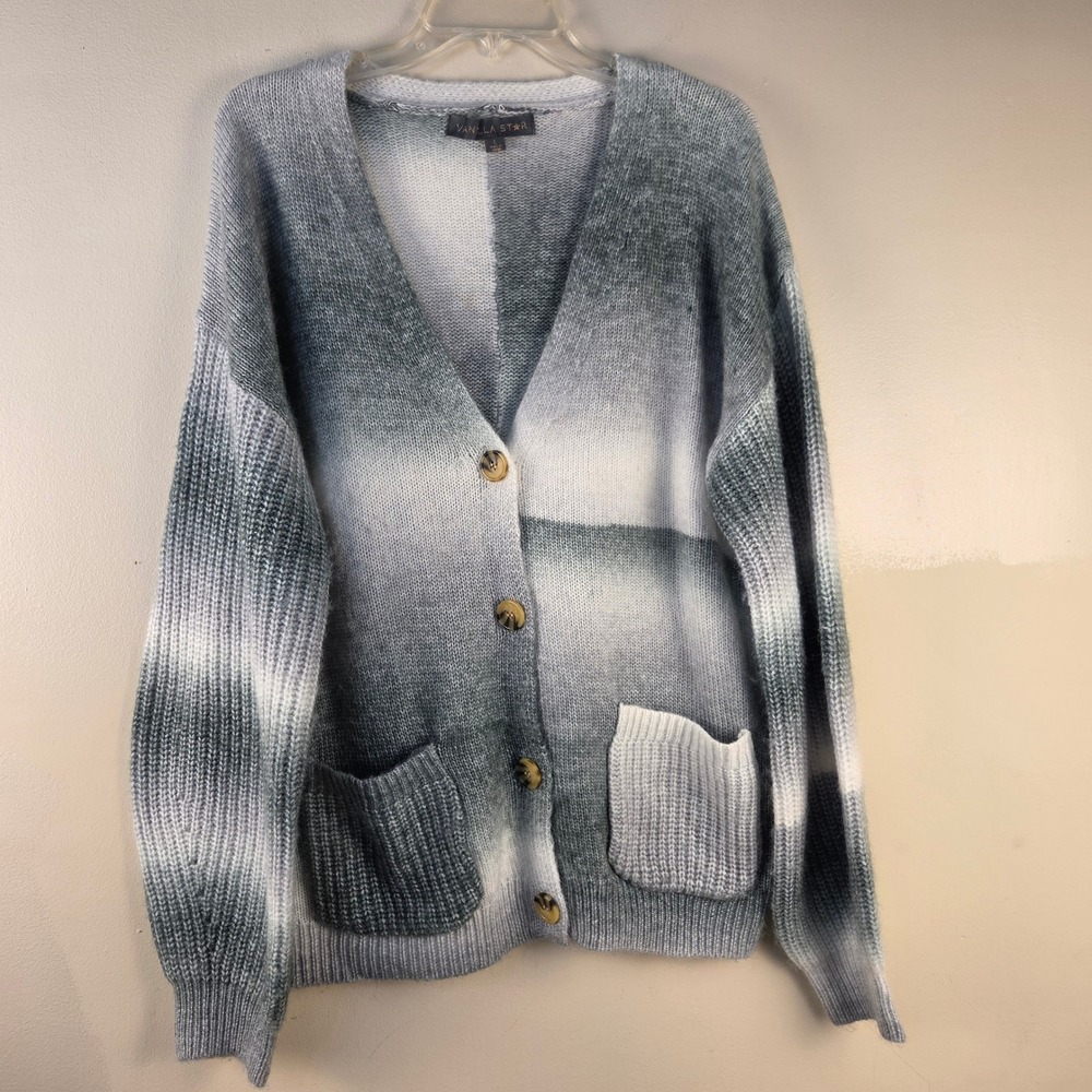 Vanilla Star Womens Gray White Colorblock V-Neck Button Front Cardigan Size L